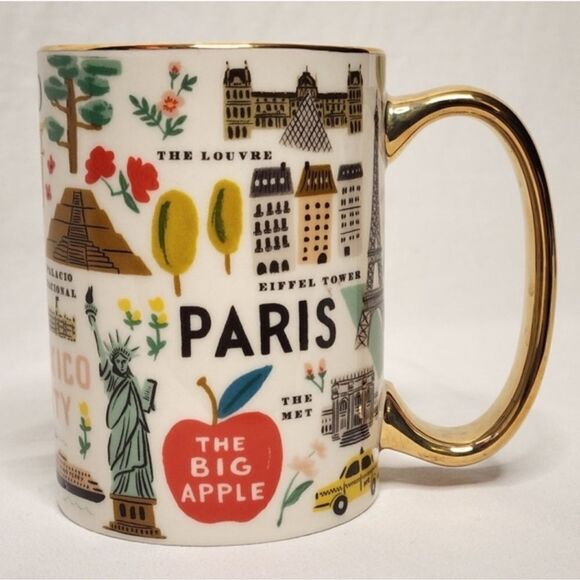 ANTHRO RIFLE PAPER CO. BON VOYAGE WHITE MULTI TRAVEL GOLD TONE PORCELAIN MUG - Picture 1 of 8